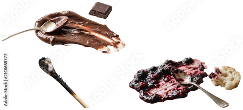 Photography A set of messy food smudges featuring soot, chocolate, and berry jam on a white background