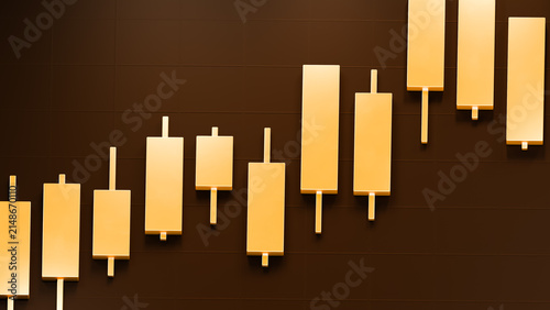 Golden candlestick bar chart, gold trading investment strategy, bullrish commodities market price trend graph, uptrend financial economic growth profit 3d rendering