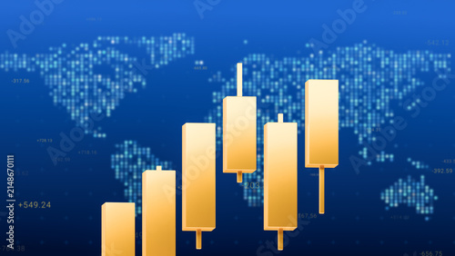Golden candlestick bar chart on world map background, gold trading investment strategy, bullrish commodities market price trend graph, uptrend financial economic growth trade profit 3d rendering
