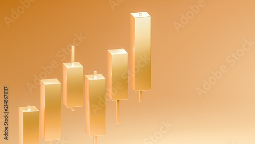 Golden candlestick bar chart with copy space, gold trading investment strategy, bullrish commodities market price trend graph, uptrend financial economic growth trade profit 3d rendering