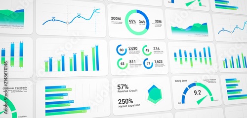 Business intelligence and financial performance analysis report on white background, infographic bar chart investment data analytic graph dashboard, enterprise market statistics trend illustration