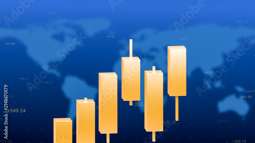 Golden candlestick bar chart on world map background, gold trading investment strategy, bullrish commodities market price trend graph, uptrend financial economic growth trade profit 3d rendering