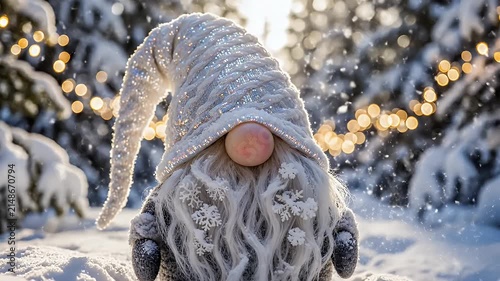 Whimsical Snowy Scene Featuring A Grounded Gnome Figurine Amid Festive Lights