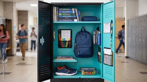 Open school locker with books backpack and personal items in a busy high school hallway background