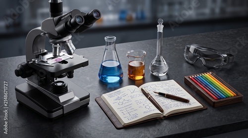 Scientific research laboratory workspace with a microscope chemical flasks and a notebook for recording experimental data results