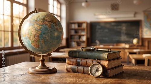 Vintage globe and stack of old books on a wooden desk in a classic school classroom setting