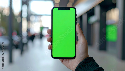 Smartphone with green screen held in hand by a person walking through a modern urban city shopping center blurred background