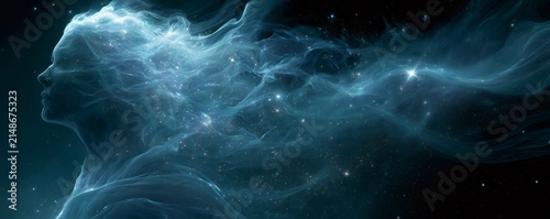 Human-like nebula figure projecting from body into cosmic starry space, representing soul, spirit, and ethereal energy