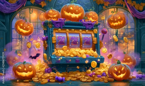 Slot machine hitting triple sevens, showering gold coins, surrounded by glowing jack-o'-lanterns, bats, and purple candy