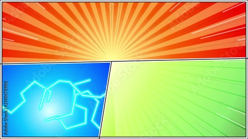 Dynamic comic book panels with sunburst and lightning effects