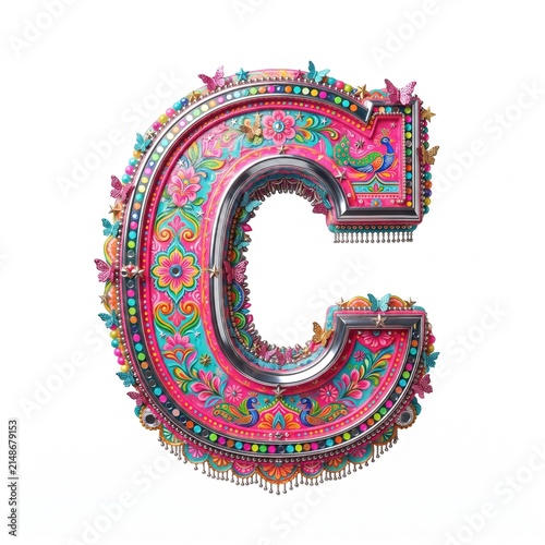 Decorative 3D uppercase letter C in colorful Pakistani truck art folk style isolated on white