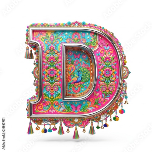 Decorative 3D uppercase letter D in colorful Pakistani truck art folk style isolated on white