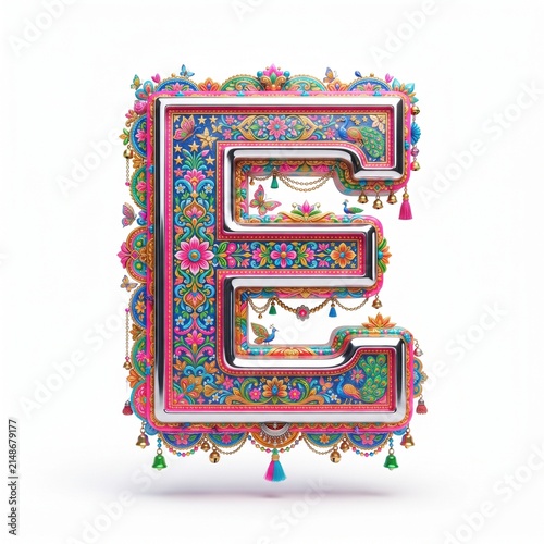 Decorative 3D uppercase letter E in colorful Pakistani truck art folk style isolated on white