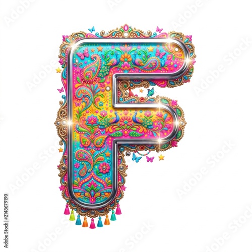 Decorative 3D uppercase letter F in colorful Pakistani truck art folk style isolated on white