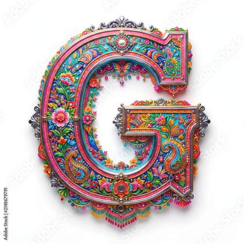 Decorative 3D uppercase letter G in colorful Pakistani truck art folk style isolated on white