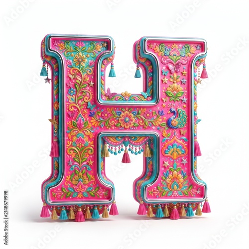 Decorative 3D uppercase letter H in colorful Pakistani truck art folk style isolated on white
