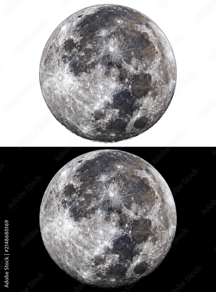 Obraz premium Full Moon Celestial Body High Resolution Lunar Surface Isolated on White and Black Backgrounds