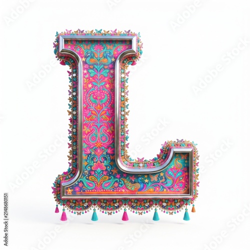 Decorative 3D uppercase letter L in colorful Pakistani truck art folk style isolated on white