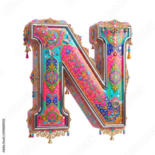 Decorative 3D uppercase letter N in colorful Pakistani truck art folk style isolated on white