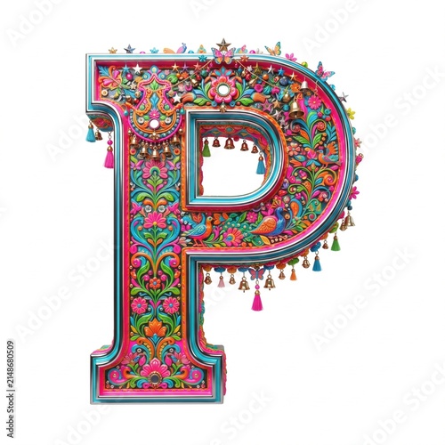 Decorative 3D uppercase letter P in colorful Pakistani truck art folk style isolated on white