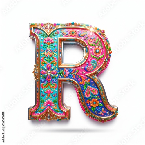 Decorative 3D uppercase letter R in colorful Pakistani truck art folk style isolated on white