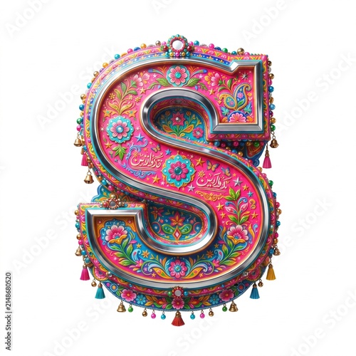 Decorative 3D uppercase letter S in colorful Pakistani truck art folk style isolated on white