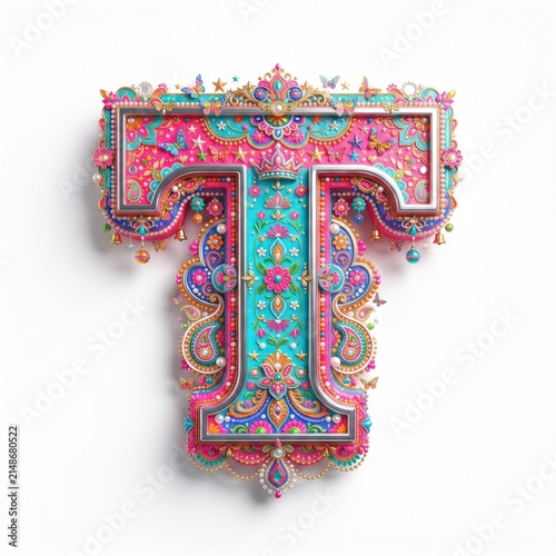 Decorative 3D uppercase letter T in colorful Pakistani truck art folk style isolated on white