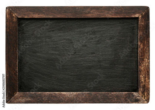 Blank old vintage blackboard with worn wooden frame. Rough textured empty chalkboard made of plain black slate for classroom learning, signage, or for use a a noticeboard. Isolated.