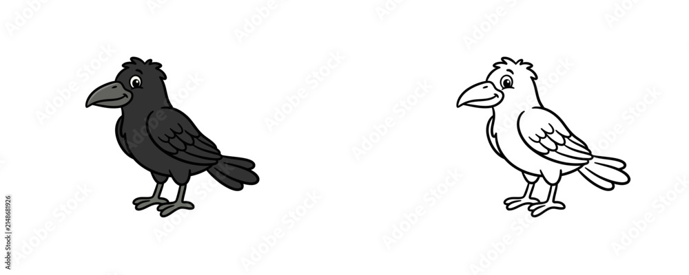 Obraz premium Standing black crow bird cartoon vector illustration in black and dark gray colors used for halloween animal mascot, spooky wildlife and nature graphics