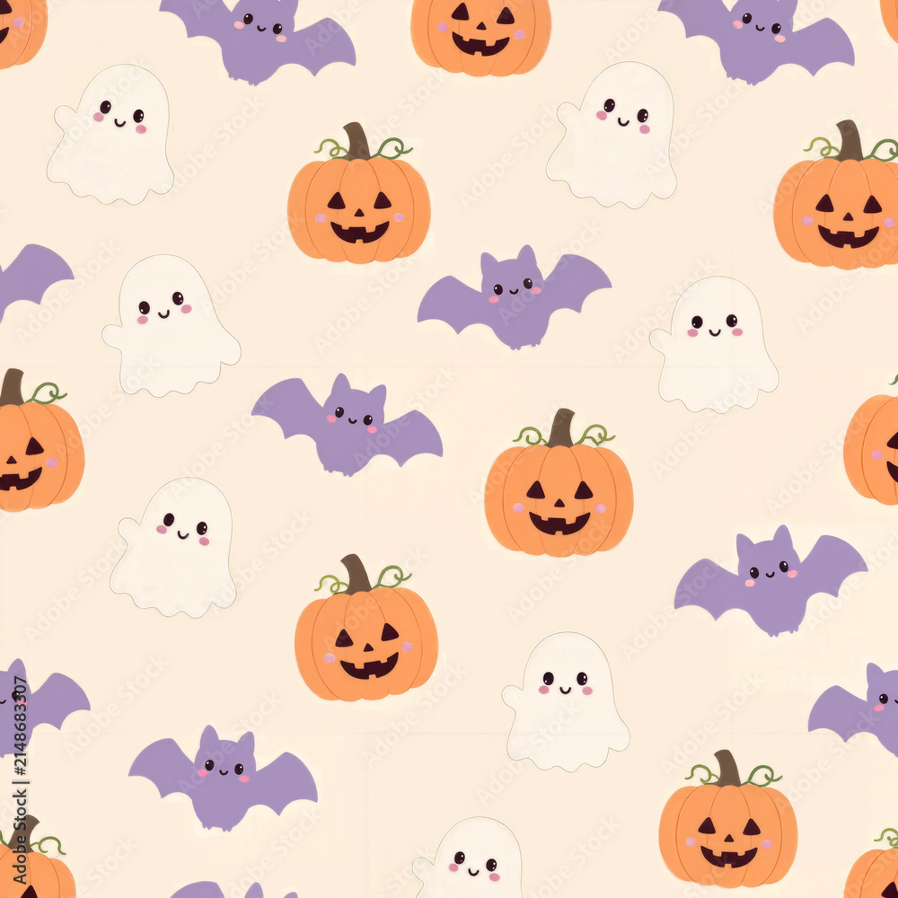 Obraz premium Cute Halloween Seamless Pattern with Ghosts Bats and Smiling Pumpkins