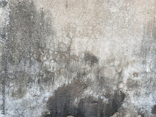 Weathered concrete wall texture with dark mold spots, fine cracks, and rough dirty plaster surface background.