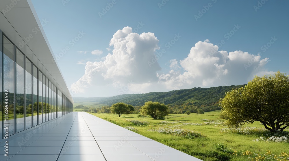 Fototapeta premium Futuristic AI Data Center Expands Across Forest Reservoir Landscape, Symbolizing Technology’s Growing Environmental and Resource Burden