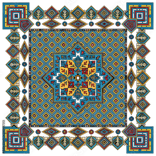 Colorful Boho Ethnic Mosaic Square Pattern Vector Ornament