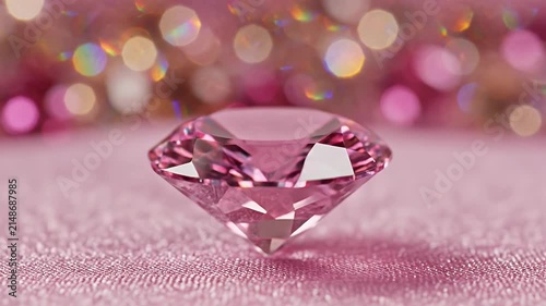 A pink diamond-shaped gem resting on a glittery pink surface with blurred colorful bokeh lights
