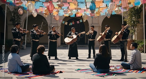 Traditional Mariachi Musicians Playing Music Under Colorful Banners in Mexico