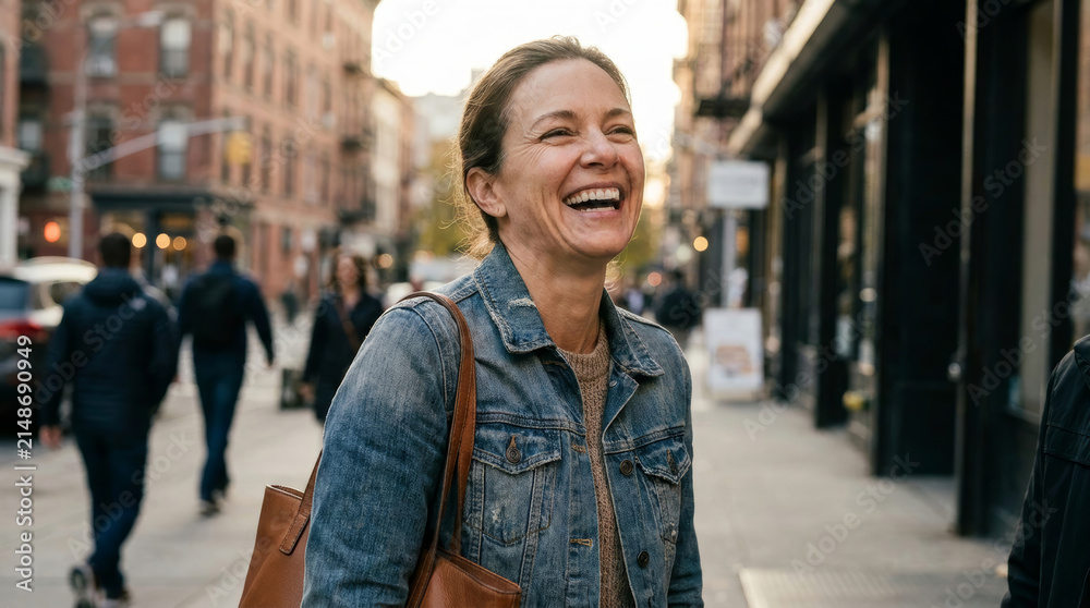 Fototapeta premium Woman laughing joyfully while walking on a city street during the day