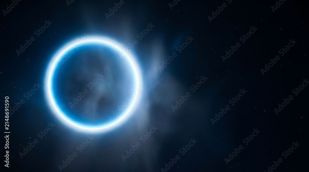 Fototapeta premium Abstract Digital Illustration of a Glowing Circular Halo Emitting Radiant Blue Light Within a Vast Dark Cosmic Space Environment