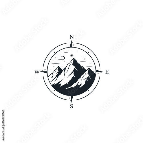 Mountain Compass Emblem, Adventure, Travel, Navigation, Outdoor Exploration