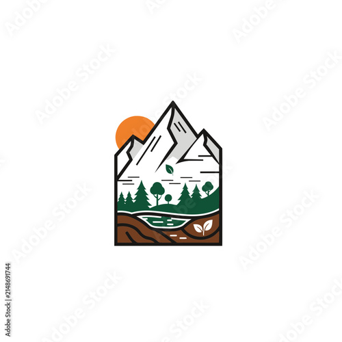 Mountain Landscape Emblem with Sun and Trees - Isolated Vector
