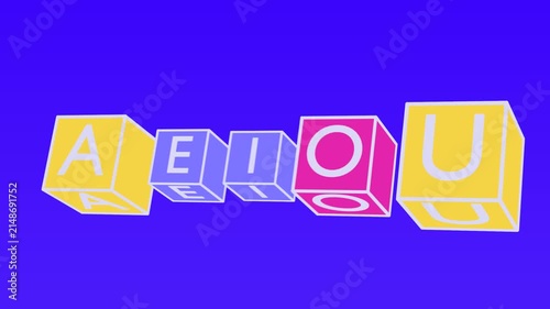 3D Rotating Cubes with the Five Spanish Vowels A E I O U in Kinetic Typography on Blue Background