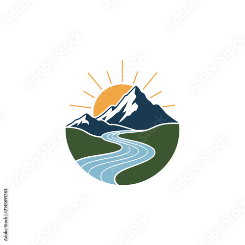 Mountain Landscape with River and Sun Logo Icon