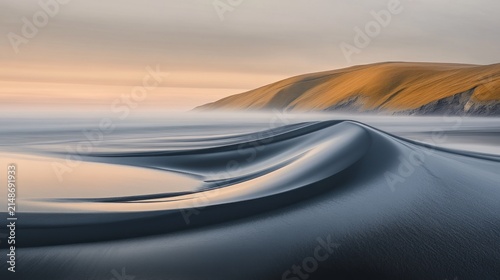 A serene coastal scene with sculpted sand formations.