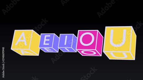 3D Rotating Cubes with the Five Spanish Vowels A E I O U in Kinetic Typography on Black Background