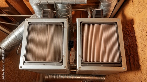Two square air filters mounted in a mechanical ventilation system.
