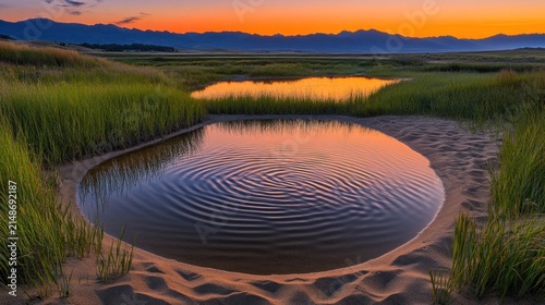 Sunrise reflections in a tranquil marsh pool.