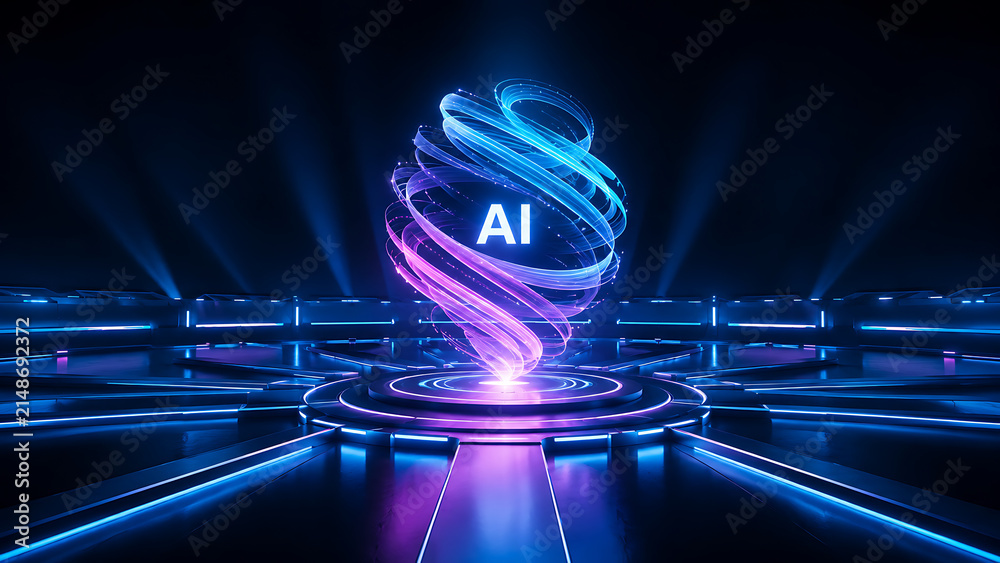 © Muhaimin - Abstract Futuristic AI Orb with Swirling Light Trails in Neon-Lit Dark Environment © Muhaimin - Abstract Futuristic AI Orb with Swirling Light Trails in Neon-Lit Dark Environment