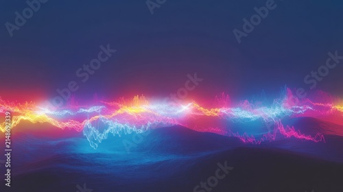 Abstract neon light waves across a dark landscape.