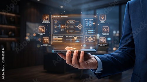 AI assistant dashboard on smartphone held by businessman, futuristic holographic interface with data processing and automation icons in dark office.