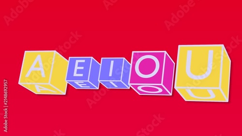 3D Rotating Cubes with the Five Spanish Vowels A E I O U in Kinetic Typography on Red Background