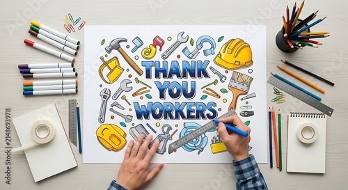 Thank You Workers concept drawing with tools and markers on desk